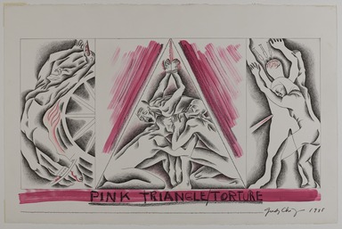 Judy Chicago (American, born 1939). <em>Micrographic Study for Pink Triangle/Torture</em>, 1988. Ink, acrylic wash, and oil pastel on rag paper, 26 1/4 x 40 in. (66.7 x 101.6 cm). Brooklyn Museum, Gift of Mary Ross Taylor, 2007.6.2. © artist or artist's estate (Photo: Brooklyn Museum, 2007.6.2_PS20.jpg)