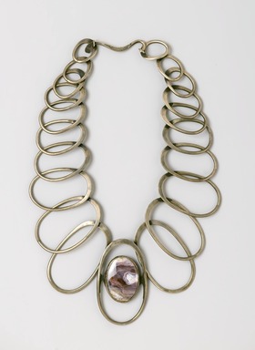 Art Smith (American, born Cuba, 1917–1982). <em>Linked Oval Necklace</em>, designed by 1974. Silver, amethyst quartz, 11 x 10 1/2 x 1/2 in. (27.9 x 26.7 x 1.3 cm). Brooklyn Museum, Gift of Charles L. Russell, 2007.61.1. Creative Commons-BY (Photo: Brooklyn Museum, 2007.61.1_PS2.jpg)