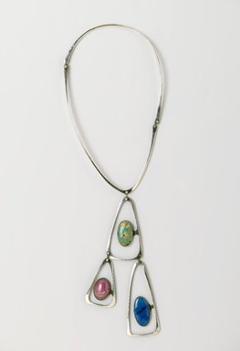 Art Smith (American, born Cuba, 1917-1982). <em>Triangle Necklace</em>, ca. 1969. Silver, turquoise, lapis lazuli, rhodochrosite, 16 1/8 x 5 1/8 x 1/2 in. (41 x 13 x 1.3 cm). Brooklyn Museum, Gift of Charles L. Russell, 2007.61.3. Creative Commons-BY (Photo: Brooklyn Museum, 2007.61.3_PS2.jpg)