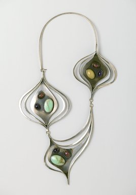 Art Smith (American, born Cuba, 1917–1982). <em>Ellington Necklace</em>, ca. 1962. Silver, amethyst, chrysoprase, rhodonite, green quartz, 16 7/8 x 9 7/8 x 3/4 in. (42.9 x 25.1 x 1.9 cm). Brooklyn Museum, Gift of Charles L. Russell, 2007.61.4. Creative Commons-BY (Photo: Brooklyn Museum, 2007.61.4_PS2.jpg)