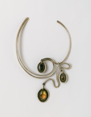 Art Smith (American, born Cuba, 1917–1982). <em>New Orleans Necklace</em>, ca. 1962. Silver, three semi-precious stones: Labradorite (?), 8 5/8 x 5 7/8 x 3/4 in. (21.9 x 14.9 x 1.9 cm). Brooklyn Museum, Gift of Charles L. Russell, 2007.61.6. Creative Commons-BY (Photo: Brooklyn Museum, 2007.61.6_PS2.jpg)