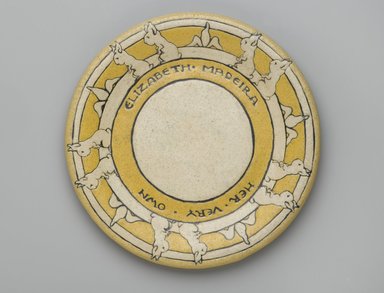 RB. <em>Plate, "Elizabeth Medeira/Her Very Own,"</em> 1910. Glazed earthenware, Diameter: 7 5/8 in. (19.4 cm). Brooklyn Museum, Gift of Joseph F. McCrindle in memory of J. Fuller Feder, by exchange, 2007.7.1. Creative Commons-BY (Photo: Brooklyn Museum, 2007.7.1_PS2.jpg)