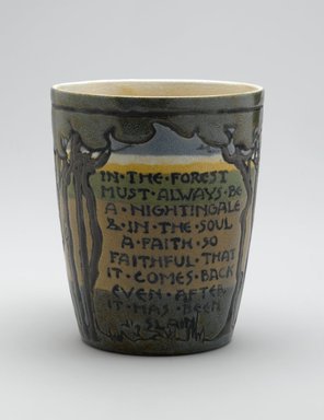 SG. <em>Mug, "In the Forest...,"</em> 1912. Glazed earthenware, Height: 3 7/8 in. (9.8 cm). Brooklyn Museum, Gift of Joseph F. McCrindle in memory of J. Fuller Feder, by exchange, 2007.7.4. Creative Commons-BY (Photo: Brooklyn Museum, 2007.7.4_PS2.jpg)