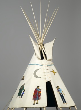 Teri Greeves (Kiowa, born 1970). <em>21st Century Traditional: Beaded Tipi</em>, 2010. Brain tanned deer hide, charlotte cut glass beads, seed beads, bugle beads, glass beads, sterling silver beads, pearls, shell, raw diamonds, hand stamped sterling silver, hand stamped copper, cotton cloth, nylon "sinew" rope, pine, poplar, bubinga, includes base: 46 x 29 x 32 1/2 in. (116.8 x 73.7 x 82.6 cm). Brooklyn Museum, Florence B. and Carl L. Selden Fund, 2008.28. © artist or artist's estate (Photo: Brooklyn Museum, 2008.28_PS2.jpg)