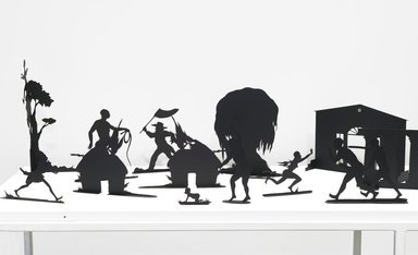 Kara Walker (American, born 1969). <em>Burning African Village Play Set with Big House and Lynching</em>, 2006. Painted laser-cut steel, 24 x 38 1/4 x 90 in. (61 x 97.2 x 228.6 cm). Brooklyn Museum, Purchased with funds given by John and Barbara Vogelstein and Stephanie and Tim Ingrassia, 2008.53.1a-v. © artist or artist's estate (Photo: Brooklyn Museum, 2008.53.1a-v_detail4_PS4.jpg)