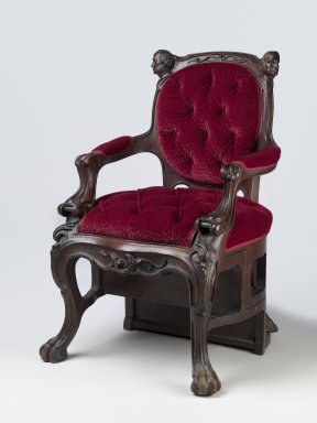 Augustus (Auguste Emmanuel) Eliaers (French, active Boston, 1849–1865). <em>Library Step-Chair</em>, patented October 25, 1853. Walnut, original under upholstery, modern mohair show cover, brass, 37 x 25 1/2 x 25 1/2 in. (94 x 64.8 x 64.8 cm). Brooklyn Museum, Designated Purchase Fund, 2008.75. Creative Commons-BY (Photo: Brooklyn Museum, 2008.75_PS6.jpg)