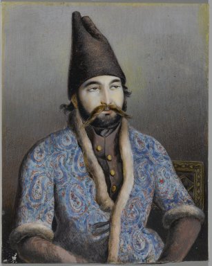 Possibly Abu'l Hasan Ghaffari, Sani' al-Mulk (active, 1814–1866). <em>Portrait of a Nobleman or Royal Figure (Possibly Muhammad Shah Qajar)</em>, first half 19th century. Ink and opaque watercolor on ivory or shell, 5 3/8 x 4 1/4 in. (13.7 x 10.8 cm). Brooklyn Museum, Gift of the Asian Art Council in memory of Robert Dickes, 2009.21. Creative Commons-BY (Photo: Brooklyn Museum, 2009.21_PS2.jpg)