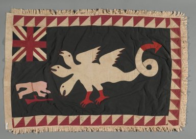 Fante. <em>Asafo Company Flag (Frankaa)</em>, early to mid–20th century. Textile with appliqué and embroidery, 56 x 36 1/2 in. (142.2 x 92.7 cm). Brooklyn Museum, Designated Purchase Fund, 2009.39.1. Creative Commons-BY (Photo: Brooklyn Museum, 2009.39.1_PS1.jpg)