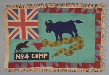 Fante. <em>Asafo Company Flag (Frankaa)</em>, early to mid–20th century. Textile with appliqué and embroidery, 54 x 37 1/2 in. (137.2 x 95.3 cm). Brooklyn Museum, Designated Purchase Fund, 2009.39.2. Creative Commons-BY (Photo: Brooklyn Museum, 2009.39.2_PS1.jpg)