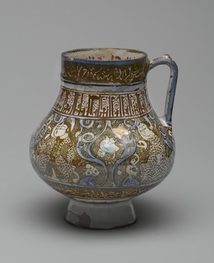  <em>Beaker</em>, 13th century. Ceramic; fritware, painted in luster and blue over an opaque white glaze, 6 3/4 x 6 in. (17.1 x 15.2 cm). Brooklyn Museum, Museum Expedition 1913-1914, Museum Collection Fund, by exchange, 2009.41. Creative Commons-BY (Photo: Brooklyn Museum, 2009.41_PS2.jpg)