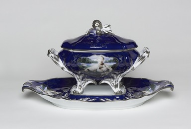 Cindy Sherman (American, born 1954). <em>Tureen with Cover and Under Plate, "Madame de Pompadour (nee Poisson) Pattern,"</em> 1990. Porcelain with painted and silk-screened decoration, as installed: 12 1/2 × 21 1/2 × 13 1/2 in. (31.8 × 54.6 × 34.3 cm). Brooklyn Museum, Gift of the Estate of Mary Hayward Weir, by exchange, 2009.47a-c. Creative Commons-BY (Photo: Brooklyn Museum, 2009.47a-c_overall_PS11.jpg)