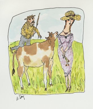 William Steig (American, 1907-2003). <em>Untitled (Cow Adoring Lady and Getting Scolded by Farmer)</em>, n.d. Watercolor and ink on paper, Sheet: 9 13/16 x 10 15/16 in. (24.9 x 27.8 cm). Brooklyn Museum, Gift of Jeanne Steig, 2010.20.18. © artist or artist's estate (Photo: Brooklyn Museum, 2010.20.18_PS2.jpg)