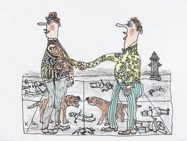 William Steig (American, 1907-2003). <em>[Untitled] (Two Men on Sidewalk) (recto) and [Untitled] (Figures and Sculpture Busts) (verso)</em>, n.d. a) Pen and ink and watercolor on paper; b) Brooklyn Museum, Gift of Jeanne Steig, 2010.20.52a-b. © artist or artist's estate (Photo: Brooklyn Museum, 2010.20.52a_PS4.jpg)