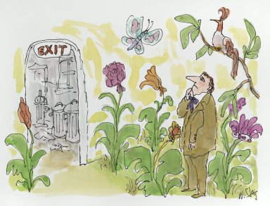 William Steig (American, 1907-2003). <em>Untitled (Man Contemplating Exit from Garden)</em>, n.d. Watercolor and ink on paper, Sheet: 9 13/16 x 10 15/16 in. (24.9 x 27.8 cm). Brooklyn Museum, Gift of Jeanne Steig, 2010.20.66. © artist or artist's estate (Photo: Brooklyn Museum, 2010.20.66_PS2.jpg)