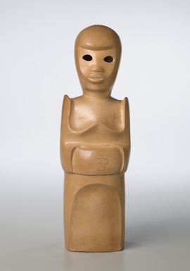 Sargent Claude Johnson (American, 1888–1967). <em>Untitled (Standing Woman)</em>, ca. 1933–1935. Terracotta, paint, surface coating, Overall: 14 1/4 x 4 x 3 1/2 in. (36.2 x 10.2 x 8.9 cm). Brooklyn Museum, Gift of the Estate of Emil Fuchs and Mr. and Mrs. Sidney Steinhauer, by exchange, Robert B. Woodward Memorial Fund, and Mary Smith Dorward Fund, 2010.2 (Photo: Brooklyn Museum, 2010.2_front_PS6.jpg)