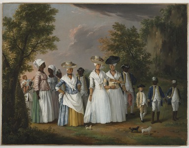 Agostino Brunias (Italian, ca. 1730-1796). <em>Free Women of Color with Their Children and Servants in a Landscape</em>, ca. 1770-1796. Oil on canvas, 20 x 26 1/8 in. (50.8 x 66.4 cm). Brooklyn Museum, Gift of Mrs. Carll H. de Silver in memory of her husband, by exchange and gift of George S. Hellman, by exchange, 2010.59 (Photo: Brooklyn Museum, 2010.59_PS6.jpg)