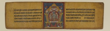  <em>Page from a Buddhist Manuscript Depicting One of the Pancharaksha Goddesses</em>, 16th-17th century. Ink and opaque watercolor and gold on paper, 3 9/16 x 12 1/4 in. (9 x 31.1 cm). Brooklyn Museum, Gift of Doris Wiener, 2010.65.4 (Photo: Brooklyn Museum, 2010.65.4_PS4.jpg)