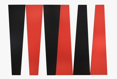 Leon Polk Smith (American, 1906-1996). <em>Arrangement in Black and Red</em>, 1980. Acrylic on canvas, 6 parts, overall: 120 x 180in. (304.8 x 457.2cm). Brooklyn Museum, Bequest of Leon Polk Smith, 2011.12.8a-f. © artist or artist's estate (Photo: Brooklyn Museum Photograph, 2011.12.8a-f_PS11.jpg)