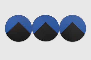 Leon Polk Smith (American, 1906–1996). <em>Midnight Pyramids (Midnight Teepees)</em>, 1986. Acrylic on canvas, 3 parts, each 80 in. diameter; overall: 80 × 240 in. (203.2 × 609.6 cm). Brooklyn Museum, Bequest of Leon Polk Smith, 2011.12.9a-c. © artist or artist's estate (Photo: Brooklyn Museum, 2011.12.9a-c_PS22.jpg)