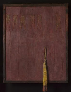 Viyé Diba (Senegalese, born 1954). <em>Red Escape II</em>, 1999. Cotton strip cloth, pigment, sand, wood, metal
, 67 x 55 in. (170.2 x 139.7 cm). Brooklyn Museum, Gift of Elliot Picket, by exchange and Alfred T. White Fund, 2011.30. © artist or artist's estate (Photo: , 2011.30_PS9.jpg)