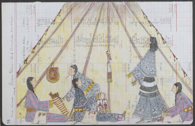 Linda Haukaas (Sicangu Lakota, born 1957). <em>Quilling Society</em>, 2010. Historic ledger paper, ink, colored pencil, 11 1/2 x 17 1/2 in. (29.2 x 44.5 cm). Brooklyn Museum, Gift of the artist, 2011.49. © artist or artist's estate (Photo: Brooklyn Museum, 2011.49_PS6.jpg)