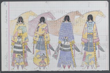 Linda Haukaas (Sicangu Lakota, born 1957). <em>Horse Nation</em>, 2010. Colored pencil and ink on late 1916 ledger paper, each sheet: 11 1/2 x 17 5/8 in. (29.2 x 44.7 cm). Brooklyn Museum, Gift of the artist, 2011.6a-b. © artist or artist's estate (Photo: Brooklyn Museum, 2011.6a_PS6.jpg)