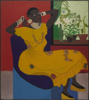 Dindga McCannon (American, born 1947). <em>Empress Akweke</em>, 1975. Acrylic on canvas, 35 7/8 × 31 15/16 × 13/16 in. (91.1 × 81.1 × 2.1 cm). Brooklyn Museum, Gift of R.M. Atwater, Anna Wolfrom Dove, Alice Fiebiger, Joseph Fiebiger, Belle Campbell Harriss, and Emma L. Hyde, by exchange, Designated Purchase Fund, Mary Smith Dorward Fund, Dick S. Ramsay Fund, and  Carll H. de Silver Fund, 2012.80.31. © artist or artist's estate (Photo: Brooklyn Museum, 2012.80.31_PS9.jpg)