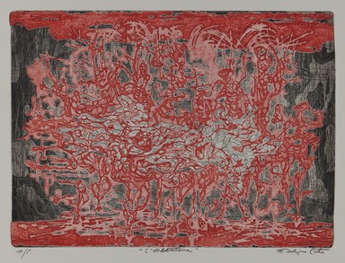 Eldzier Cortor (American, 1916–2015). <em>L'Abbatoire (Red and Black)</em>. Etching, 20 x 25 1/2 in. (50.8 x 64.8 cm). Brooklyn Museum, Gift of Eldzier Cortor in memory of Sophia Cortor, 2012.81.6. © artist or artist's estate (Photo: Brooklyn Museum, 2012.81.6_PS20.jpg)