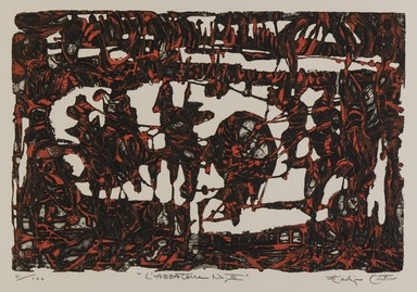 Eldzier Cortor (American, 1916-2015). <em>L'Abbatoire III (Red and Black)</em>, 1967. Etching, 15 x 22 1/2 in. (38.1 x 57.2 cm). Brooklyn Museum, Gift of Eldzier Cortor in memory of Sophia Cortor, 2012.81.8. © artist or artist's estate (Photo: Brooklyn Museum, 2012.81.8_PS20.jpg)