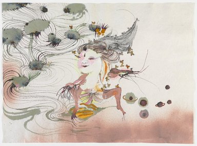 Rina Banerjee (American, born India, 1963). <em>A bewildering variety of enemies from there where riches belonged stole the hearts of lesser kings who then thieved in places which fared well by commerce so hairy</em>, 2007. Gouache, ink, metallic ink and glitter on paper, 27 1/4 x 35 1/4 x 2 in. (69.2 x 89.5 x 5.1 cm). Brooklyn Museum, Gift of the artist, 2013.10.2. © artist or artist's estate (Photo: Brooklyn Museum, 2013.10.2_PS9.jpg)
