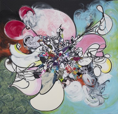 Shinique Smith (American, born 1971). <em>Gravity of Love</em>, 2013. Ink, acrylic, paper, and fabric collage on wood panel

, 84 × 84 × 2 1/4 in., 40 lb. (213.4 × 213.4 × 5.7 cm, 18.14kg). Brooklyn Museum, Alfred T. White Fund, 2013.29.1. © artist or artist's estate (Photo: Brooklyn Museum, 2013.29.1_PS11.jpg)