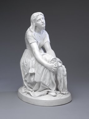 Karl L. H. Müller (American, born Germany, 1820-1887). <em>Figure, “Stitch, Stitch, Stitch”</em>, ca. 1875. Matte-glazed porcelain, 19 x 10 x 13 in. (48.3 x 25.4 x 33 cm). Brooklyn Museum, Purchase gift of Richard J. Schwartz and H. Randolph Lever Fund, 2013.75 (Photo: Brooklyn Museum, 2013.75_front_PS9.jpg)