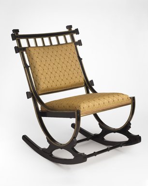 George Jacob Hunzinger (American, born Germany, 1835–1898). <em>Rocking Chair</em>, ca. 1879. Wood, metal (brass), orignal under-upholstery, modern show cover and trim., 30 1/4 x 20 3/4 x 26 1/2 in. (76.8 x 52.7 x 67.3 cm). Brooklyn Museum, H. Randolph Lever Fund, 2013.88 (Photo: Brooklyn Museum, 2013.88_PS9.jpg)