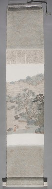 Peng Wei (Chinese, born 1974). <em>Meet Again in Spring</em>, 2013. Ink and colors on jute paper; Jade pin (to fasten scroll after it is rolled up), 64 1/2 × 15 3/4 × 1 5/8 in. (163.8 × 40 × 4.1 cm). Brooklyn Museum, Gift of Chen Xiaobing, 2014.63. © artist or artist's estate (Photo: , 2014.63_overall_PS11.jpg)