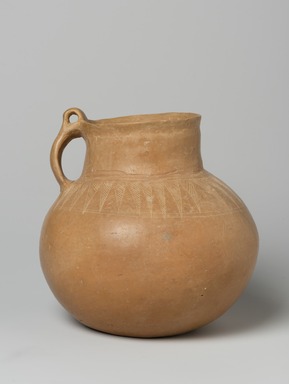  <em>Globular Jug with Handle</em>, 1000–400 B.C.E. Clay, slip, 6 1/8 x Diam. 6 5/16 in. (15.5 x 16 cm). Brooklyn Museum, Gift of the Arthur M. Sackler Foundation, NYC, in memory of James F. Romano, 2015.65.6. Creative Commons-BY (Photo: Brooklyn Museum, 2015.65.6_view01_PS11.jpg)