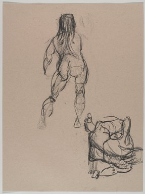 Jeremy Deller (British, born 1966). <em>Untitled (Two Poses: Standing and Sitting) from Iggy Pop Life Class by Jeremy Deller</em>, 2016. Natural charcoal on beige paper, 23 7/8 x 18 in. (60.6 x 45.7 cm). Brooklyn Museum, Brooklyn Museum Collection, 2016.3.13c. © artist or artist's estate (Photo: Brooklyn Museum, 2016.3.13c_PS9.jpg)