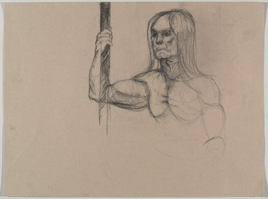 Jeremy Deller (British, born 1966). <em>Untitled (Seated Pose) from Iggy Pop Life Class by Jeremy Deller</em>, 2016. Graphite pencil with natural charcoal on beige paper, 18 x 23 3/4 in. (45.7 x 60.3 cm). Brooklyn Museum, Brooklyn Museum Collection, 2016.3.13d. © artist or artist's estate (Photo: Brooklyn Museum, 2016.3.13d_PS9.jpg)