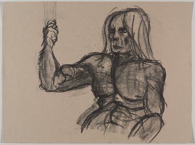 Jeremy Deller (British, born 1966). <em>Untitled (Seated Pose) from Iggy Pop Life Class by Jeremy Deller</em>, 2016. Natural charcoal on beige paper, 18 x 23 3/4 in. (45.7 x 60.3 cm). Brooklyn Museum, Brooklyn Museum Collection, 2016.3.13e. © artist or artist's estate (Photo: Brooklyn Museum, 2016.3.13e_PS9.jpg)