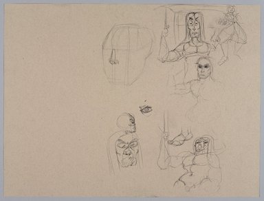 Jeremy Deller (British, born 1966). <em>Untitled (Caricatures) from Iggy Pop Life Class by Jeremy Deller</em>, 2016. Graphite pencil with natural charcoal on beige paper, 18 x 23 3/4 in. (45.7 x 60.3 cm). Brooklyn Museum, Brooklyn Museum Collection, 2016.3.13f. © artist or artist's estate (Photo: Brooklyn Museum, 2016.3.13f_PS9.jpg)