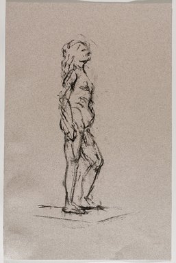 Jeremy Deller (British, born 1966). <em>Untitled (Standing Pose) from Iggy Pop Life Class by Jeremy Deller</em>, 2016. Natural charcoal on pink paper, 19 1/2 x 12 7/8 in. (49.5 x 32.7 cm). Brooklyn Museum, Brooklyn Museum Collection, 2016.3.19a. © artist or artist's estate (Photo: Brooklyn Museum, 2016.3.19a_PS9.jpg)