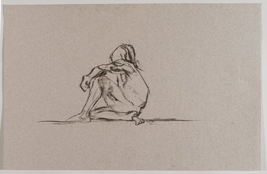 Jeremy Deller (British, born 1966). <em>Untitled (Sitting Pose) from Iggy Pop Life Class by Jeremy Deller</em>, 2016. Natural charcoal on pink paper, 12 3/4 x 19 5/8 in. (32.4 x 49.8 cm). Brooklyn Museum, Brooklyn Museum Collection, 2016.3.19d. © artist or artist's estate (Photo: Brooklyn Museum, 2016.3.19d_PS9.jpg)