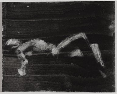 Jeremy Deller (British, born 1966). <em>Untitled (Lying Pose) from Iggy Pop Life Class by Jeremy Deller</em>, 2016. Black ink, brushed and blotted, with black pencil on board, 11 x 13 5/8 in. (27.9 x 34.6 cm). Brooklyn Museum, Brooklyn Museum Collection, 2016.3.21b. © artist or artist's estate (Photo: Brooklyn Museum, 2016.3.21b_PS9.jpg)