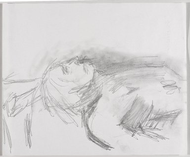 Jeremy Deller (British, born 1966). <em>Untitled (Lying Pose) from Iggy Pop Life Class by Jeremy Deller</em>, 2016. Graphite pencil with erasing on paper, 14 x 16 7/8 in. (35.6 x 42.9 cm). Brooklyn Museum, Brooklyn Museum Collection, 2016.3.5b. © artist or artist's estate (Photo: Brooklyn Museum, 2016.3.5b_PS9.jpg)