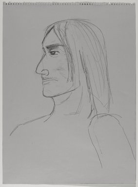 Jeremy Deller (British, born 1966). <em>Untitled (Seated Pose, Detail of Face) from Iggy Pop Life Class by Jeremy Deller</em>, 2016. Graphite pencil on gray paper, 24 5/8 × 18 in. (62.5 × 45.7 cm). Brooklyn Museum, Brooklyn Museum Collection, 2016.3.7a. © artist or artist's estate (Photo: Brooklyn Museum, 2016.3.7a_PS9.jpg)