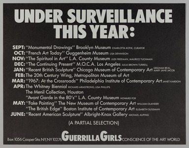Guerrilla Girls (established United States, 1985). <em>Under Surveillance This Year</em>, 1986. Offset lithograph, 17 × 22 in. (43.2 × 55.9 cm). Brooklyn Museum, Gift of Guerrilla Girls BroadBand, Inc., 2017.26.13. © artist or artist's estate (Photo: Brooklyn Museum, 2017.26.13_PS20.jpg)