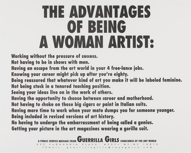 Guerrilla Girls (established United States, 1985). <em>The Advantages of Being a Woman Artist</em>, 1988. Offset lithograph, 17 1/2 × 22 1/2 in. (44.5 × 57.2 cm). Brooklyn Museum, Gift of Guerrilla Girls BroadBand, Inc., 2017.26.17. © artist or artist's estate (Photo: , 2017.26.17_PS9.jpg)