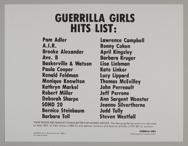 Guerrilla Girls (established United States, 1985). <em>Guerrilla Girls Hits List</em>, 1986. Offset lithograph, 17 × 22 in. (43.2 × 55.9 cm). Brooklyn Museum, Gift of Guerrilla Girls BroadBand, Inc., 2017.26.1. © artist or artist's estate (Photo: Brooklyn Museum, 2017.26.1_PS20.jpg)