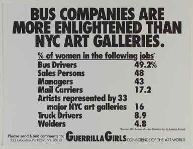 Guerrilla Girls (established United States, 1985). <em>Bus Companies are More Enlightened Than NYC Art Galleries</em>, 1989. Offset lithograph, 17 × 22 in. (43.2 × 55.9 cm). Brooklyn Museum, Gift of Guerrilla Girls BroadBand, Inc., 2017.26.25. © artist or artist's estate (Photo: Brooklyn Museum, 2017.26.25_PS20.jpg)