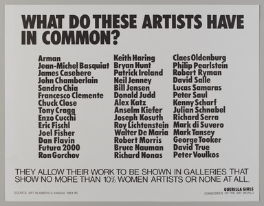 Guerrilla Girls (established United States, 1985). <em>What Do These Artists Have in Common?</em>, 1985. Offset lithograph, 17 × 22 in. (43.2 × 55.9 cm). Brooklyn Museum, Gift of Guerrilla Girls BroadBand, Inc., 2017.26.2. © artist or artist's estate (Photo: Brooklyn Museum, 2017.26.2_PS20.jpg)