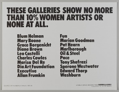 Guerrilla Girls (established United States, 1985). <em>These Galleries Show No More Than 10% Women Artists or None At All</em>, 1985. Offset lithograph, 17 × 22 in. (43.2 × 55.9 cm). Brooklyn Museum, Gift of Guerrilla Girls BroadBand, Inc., 2017.26.3. © artist or artist's estate (Photo: Brooklyn Museum, 2017.26.3_PS20.jpg)